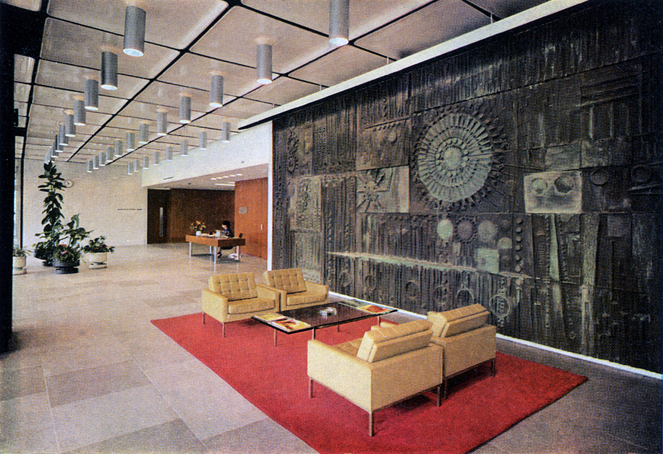 CIS Tower foyer. Relief artwork by William George Mitchell.