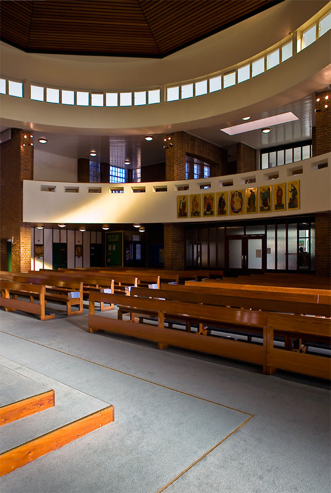 Celebration space and pews.