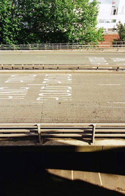 Carriageway cross section and markings. View from MMU Student Union stairwell.
