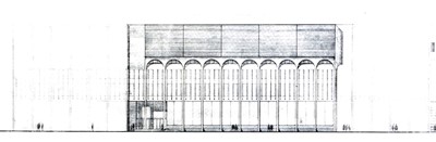 Long elevation showing unbuilt second and third phases.